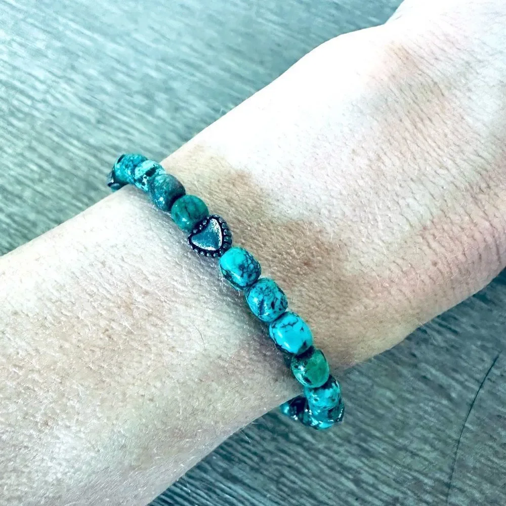 Rustic Turquoise Stone Silver Heart Beaded Bracelet